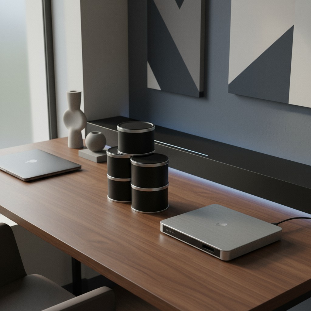 A modern home office workspace featuring a wooden table with a silver MacBook and a silver Apple TV, accompanied by severa...