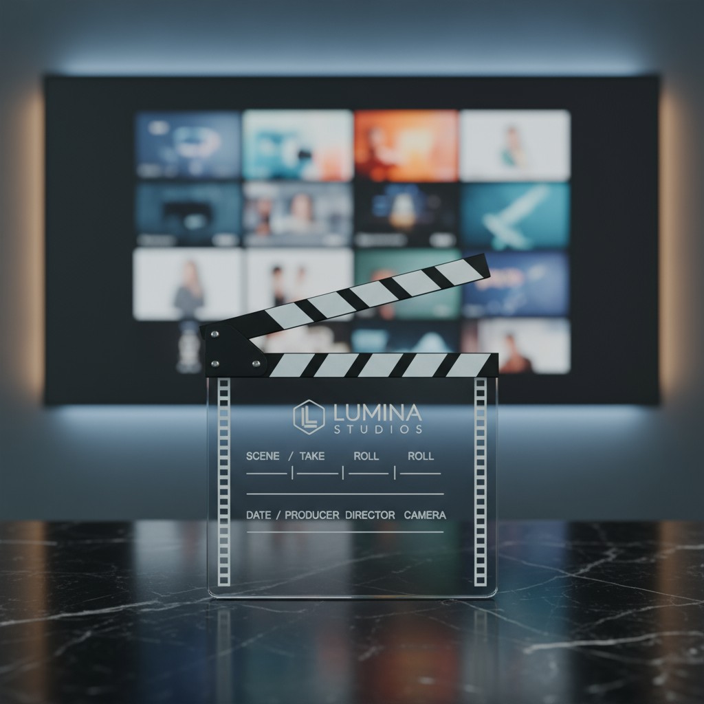 The image shows a glass movie clapboard with a clapper on top, set against a blurred background featuring a TV on a wall d...